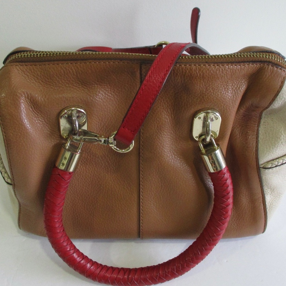GORGEOUS COLE HAAN HANDBAG DUFLLE IN 100% LEATHER TRI-COLOR BROWN/BEIGE/RED USED